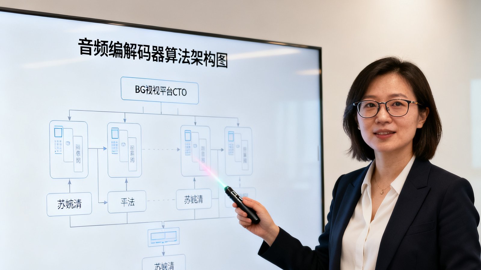 苏婉清，BG视讯平台CTO，戴眼镜的女性技术领袖，站在白板前展示音频编解码器的算法架构图