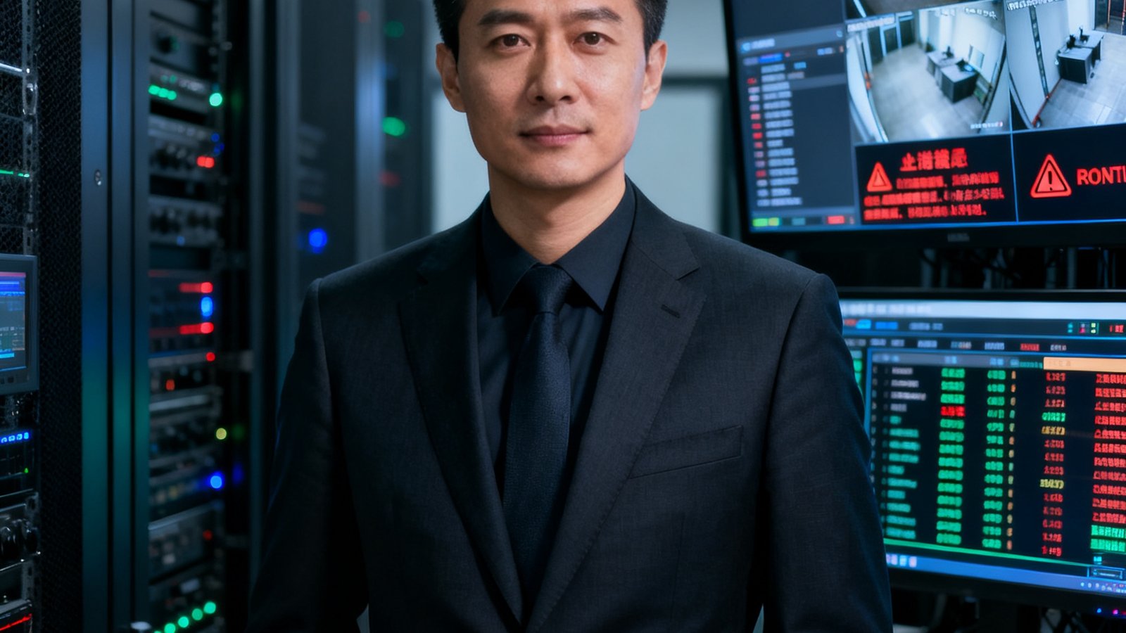 赵铭远，BG视讯平台安全架构师，身着西装，背景为数据中心的安防监控屏幕，体现出严谨的安全防护气质